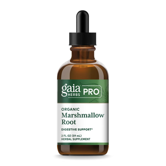 GAIA Herbs PRO organic marshmallow root bottle on shelf supports gentle digestive comfort.