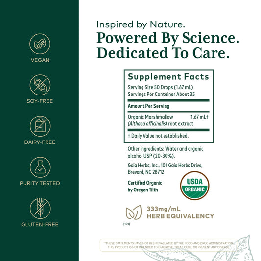 GAIA Herbs PRO organic marshmallow root label highlights fresh extraction and potency.