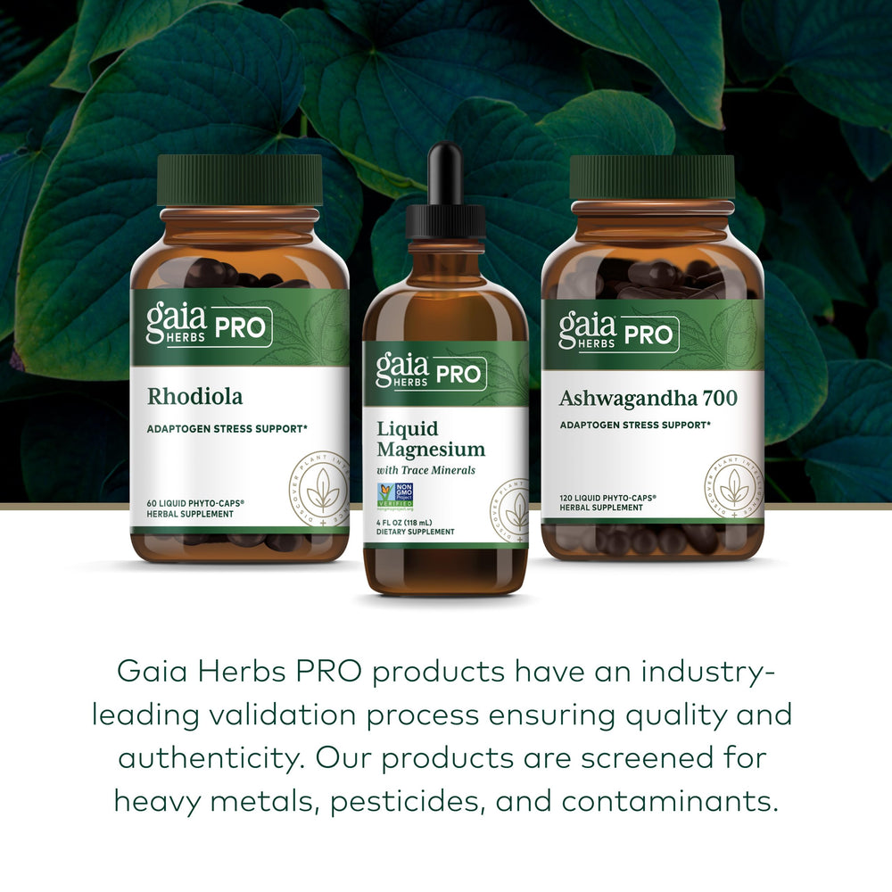 Gaia Herbs PRO quality testing lab image underlines purity and potency controls.