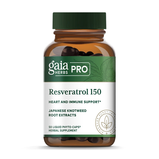 GAIA Herbs Pro Resveratrol bottle showing vegan, gluten-free formula for daily wellness
