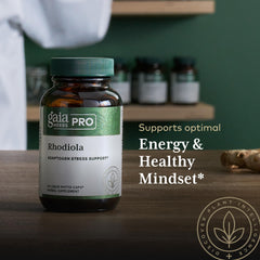 GAIA Rhodiola bottle on shelf evokes vegan, gluten-free option.