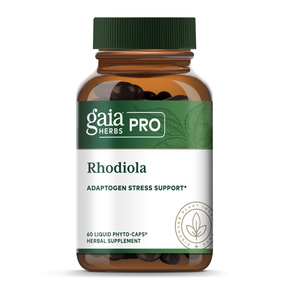 GAIA Herbs PRO Rhodiola phyto-capsule bottle for convenient energy support.