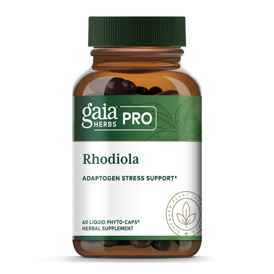 GAIA Herbs PRO Rhodiola phyto-capsule bottle for convenient energy support.
