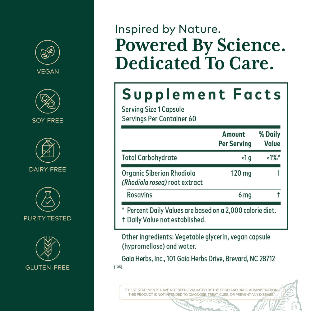 GAIA Rhodiola root extract closeup highlighting potent adaptogen source.