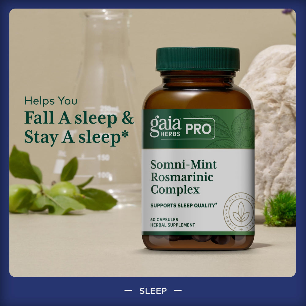 Gaia Herbs PRO Somni-Mint label highlights premium herbal blend.