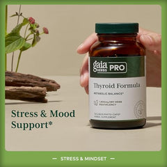 Gaia Herbs Pro Thyroid Formula ashwagandha root visible, suggest calming balance for energy.