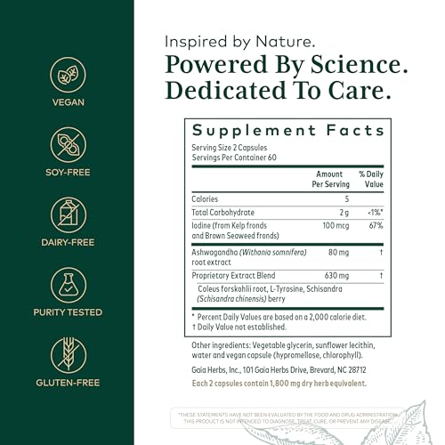 Gaia Herbs Pro Thyroid Formula capsules pouring, convenient daily dietary supplement routine.