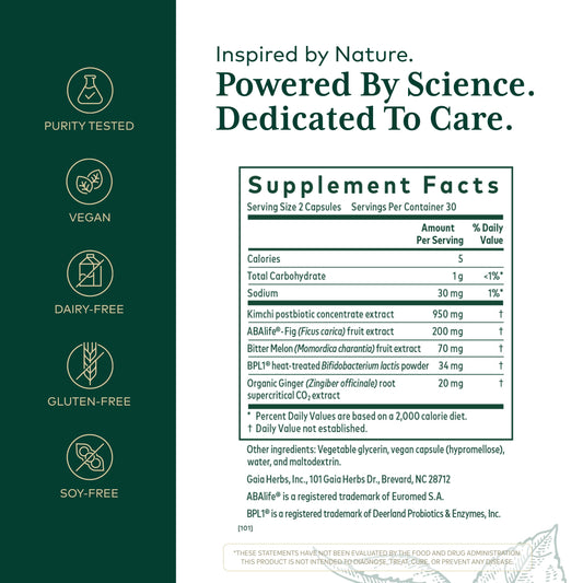 Gaia Herbs PRO Tri-Glycemic label closeup highlights postbiotic and botanical ingredients