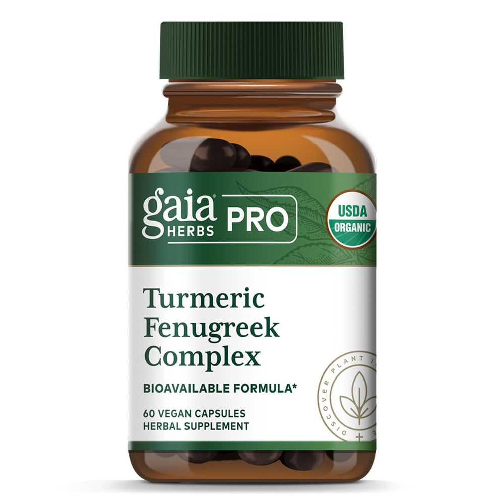 GAIA Herbs PRO Turmeric Fenugreek Complex bottle label for daily wellness support