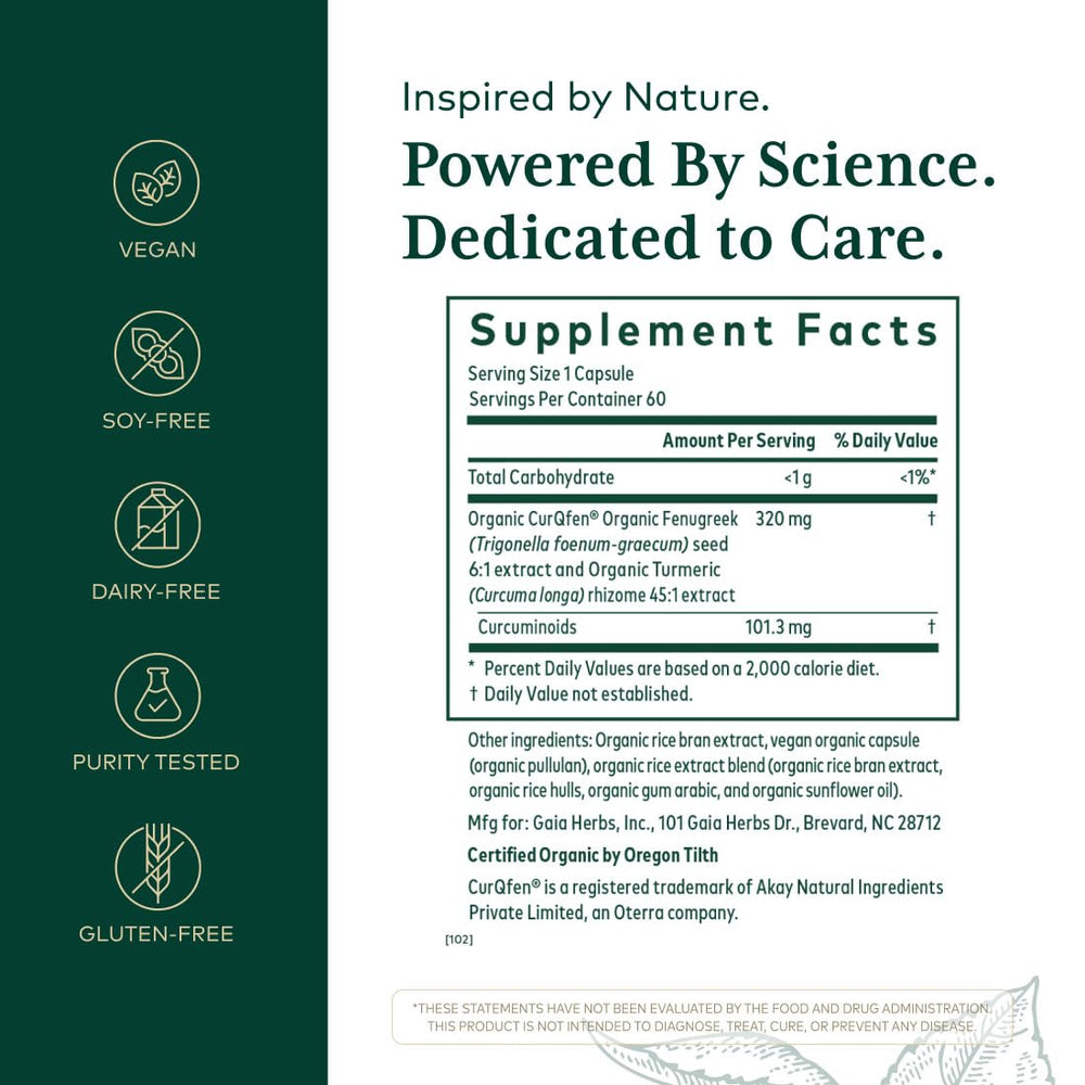 GAIA Herbs PRO capsules close-up highlighting organic turmeric and fenugreek