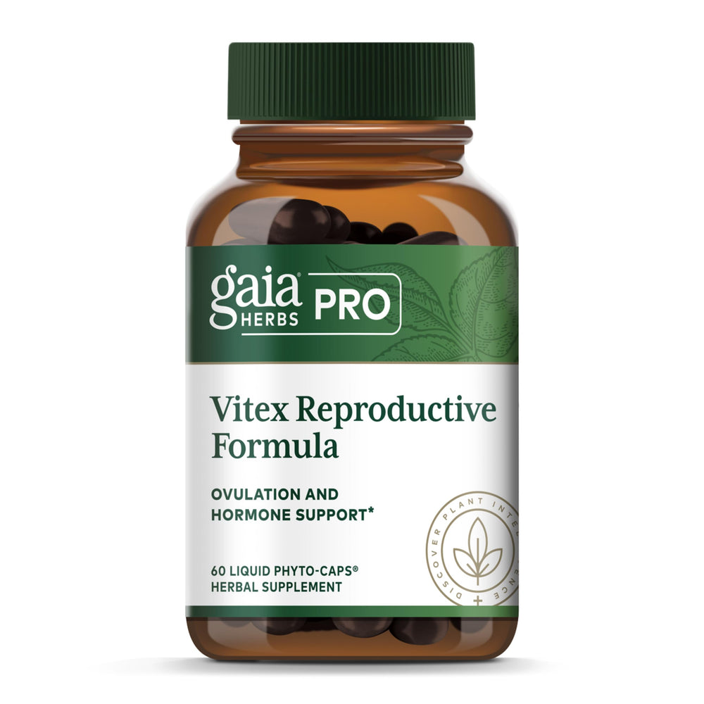 Gaia Herbs Pro Vitex Reproductive Formula bottle highlighting female health support and hormonal balance.