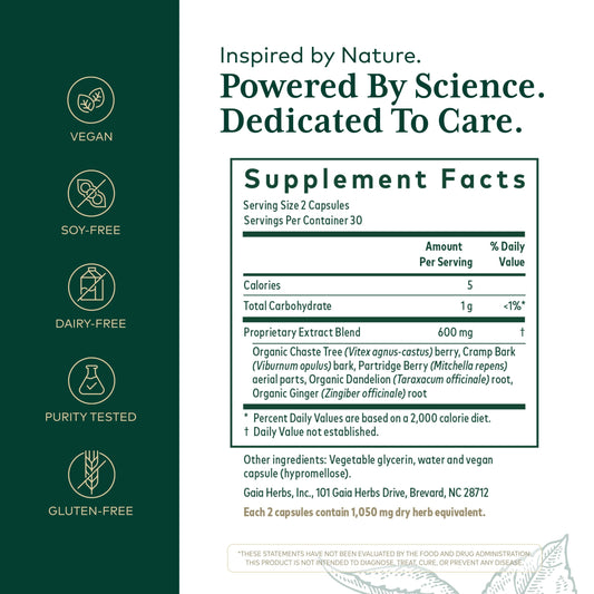 Gaia Herbs Pro Vitex Reproductive Formula capsules close-up for daily female wellness.