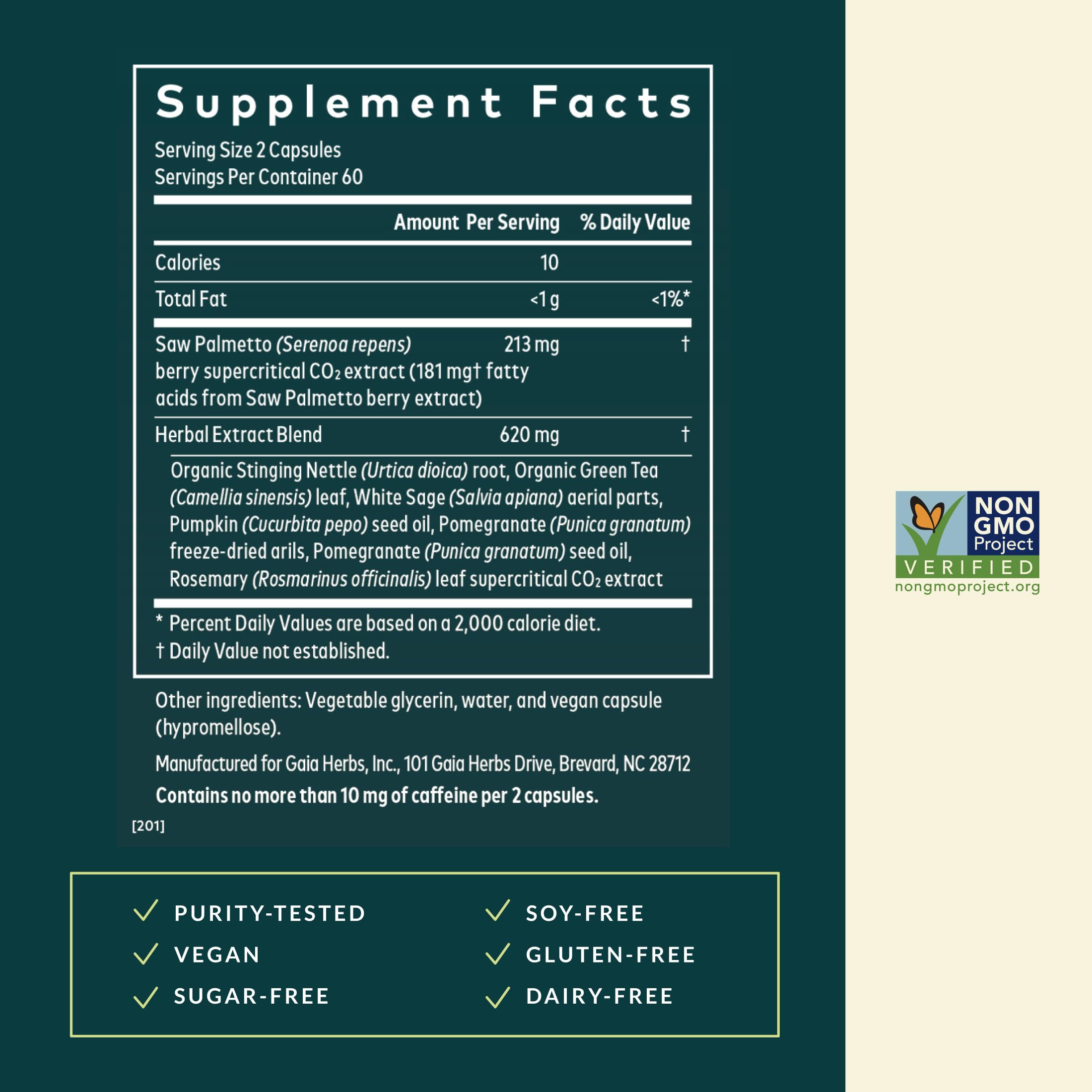 Gaia Herbs Prostate Health capsules close-up, easy-to-swallow vegan form