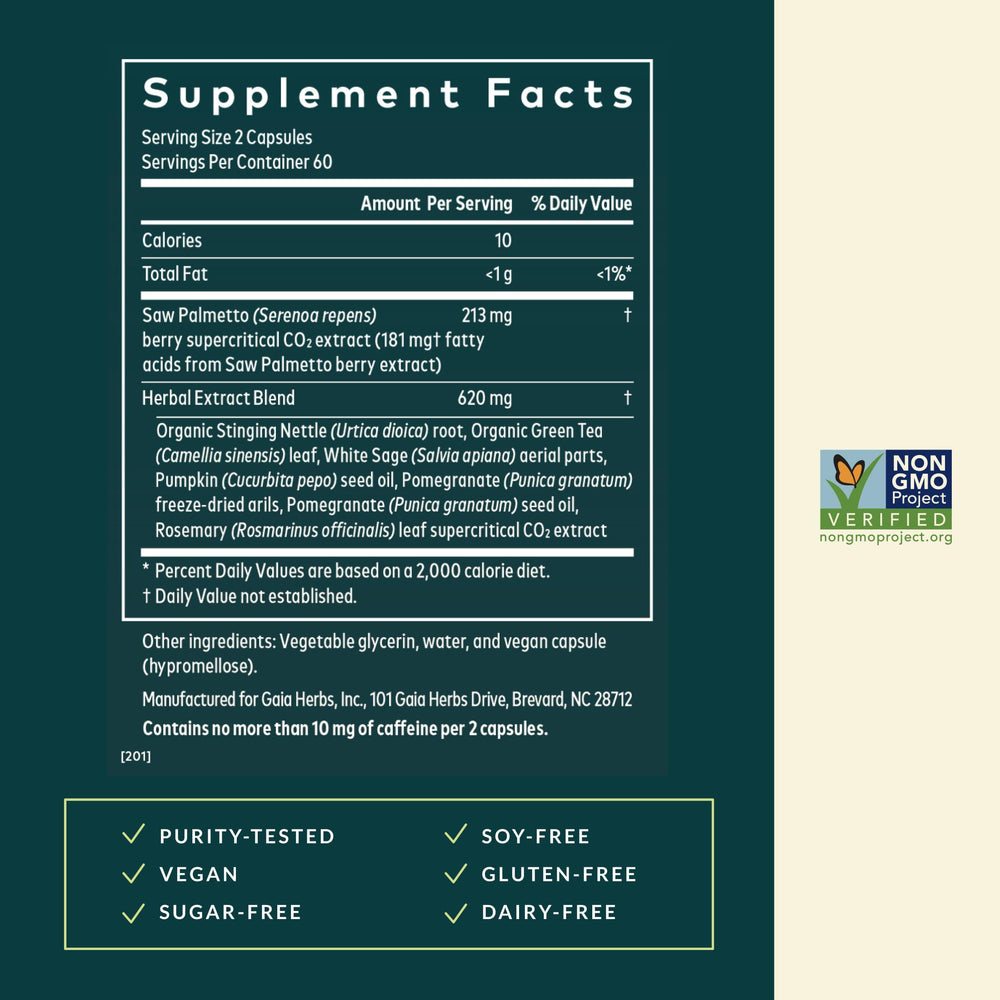 Gaia Herbs Prostate Health capsules close-up, easy-to-swallow vegan form