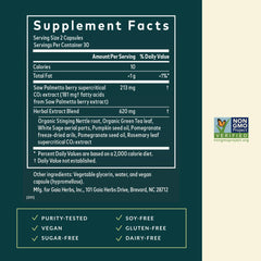 Gaia Herbs Prostate Health label close-up with ingredients list and sustainability note