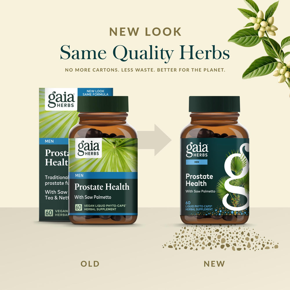 Gaia Herbs Prostate Health bottle beside saw palmetto berry imagery