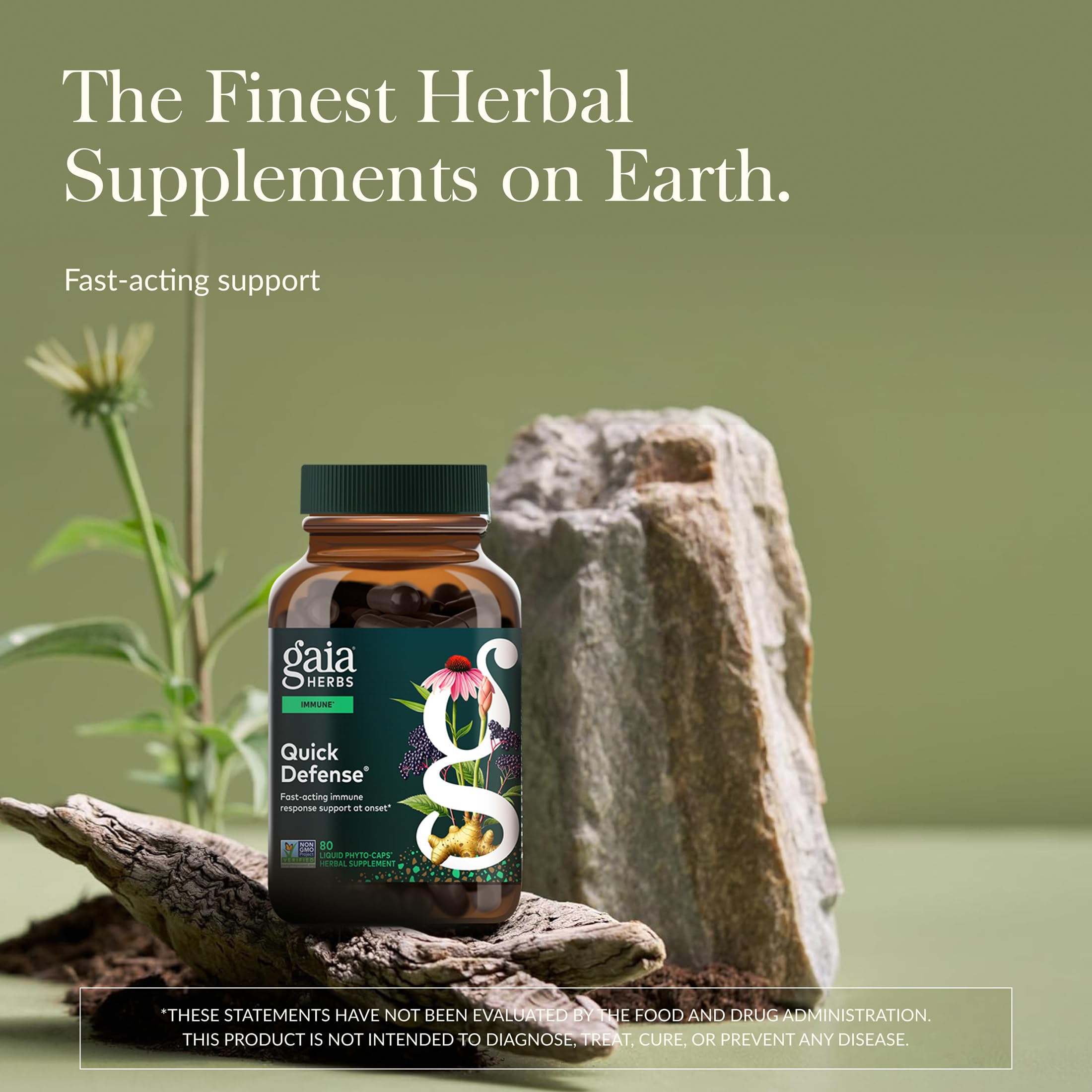 Gaia Herbs Quick Defense bottle back, ingredient highlights and sustainable sourcing.