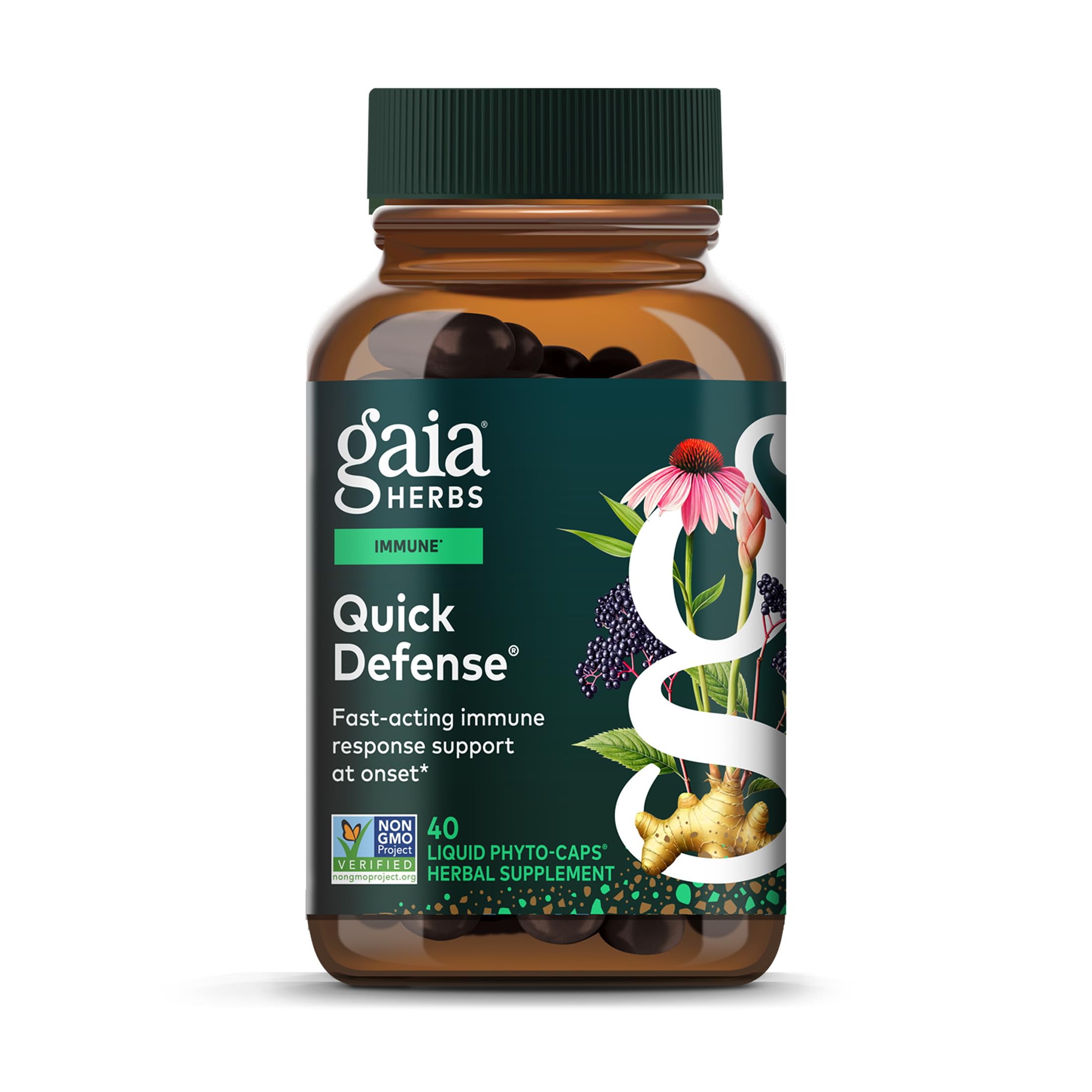Gaia Herbs Quick Defense bottle front showing immune support formula for daily wellness.