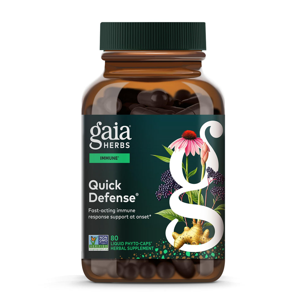 Gaia Herbs Quick Defense bottle front, showcasing fast-acting immune support for everyday wellness.