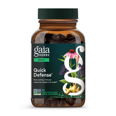 Gaia Herbs Quick Defense bottle front, showcasing fast-acting immune support for everyday wellness.