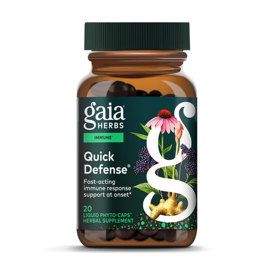Gaia Herbs Quick Defense bottle front view highlights immune support formula.