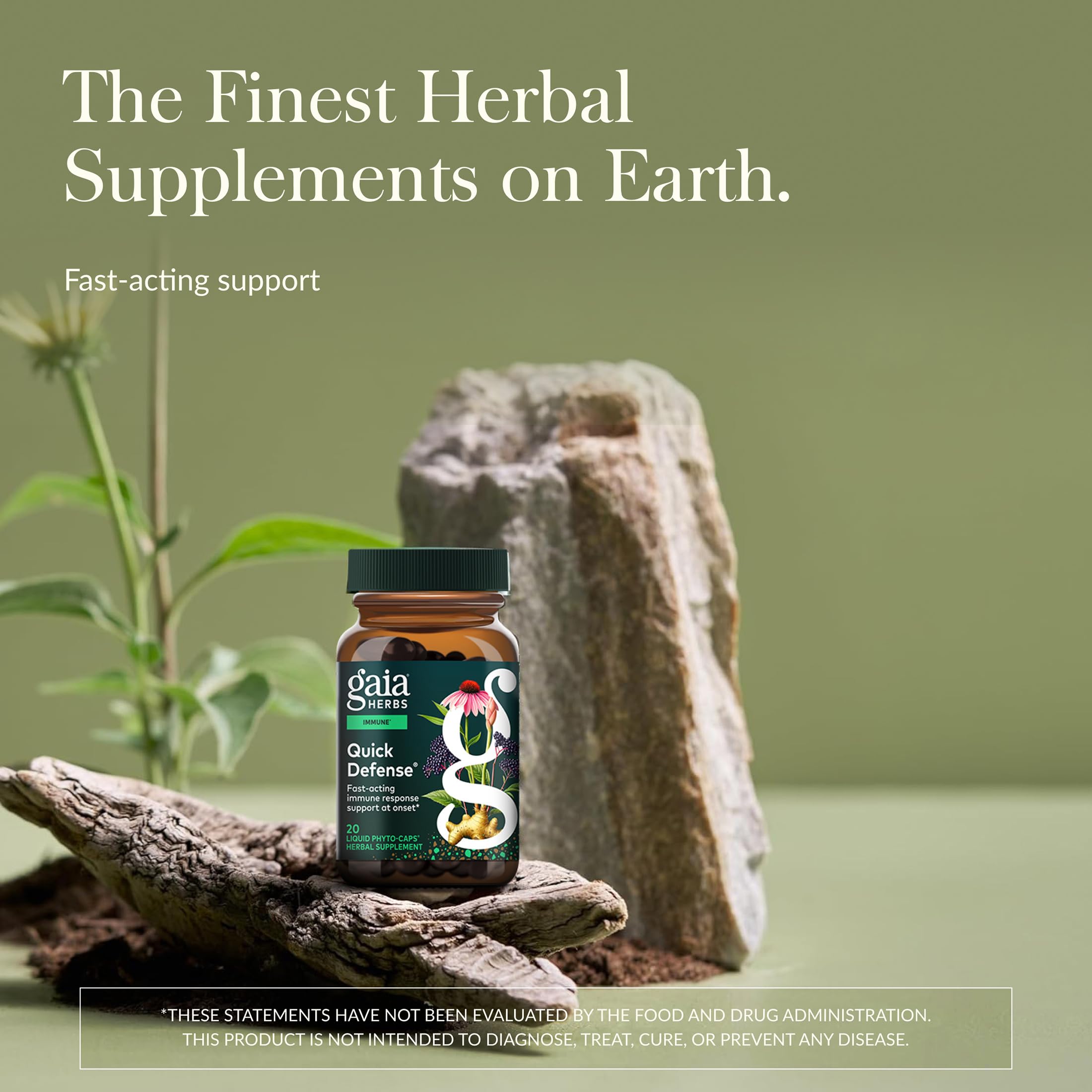 Gaia Herbs Quick Defense bottle label shows dosage and vegan capsules.