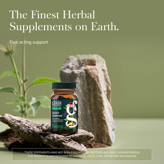 Gaia Herbs Quick Defense bottle label shows dosage and vegan capsules.