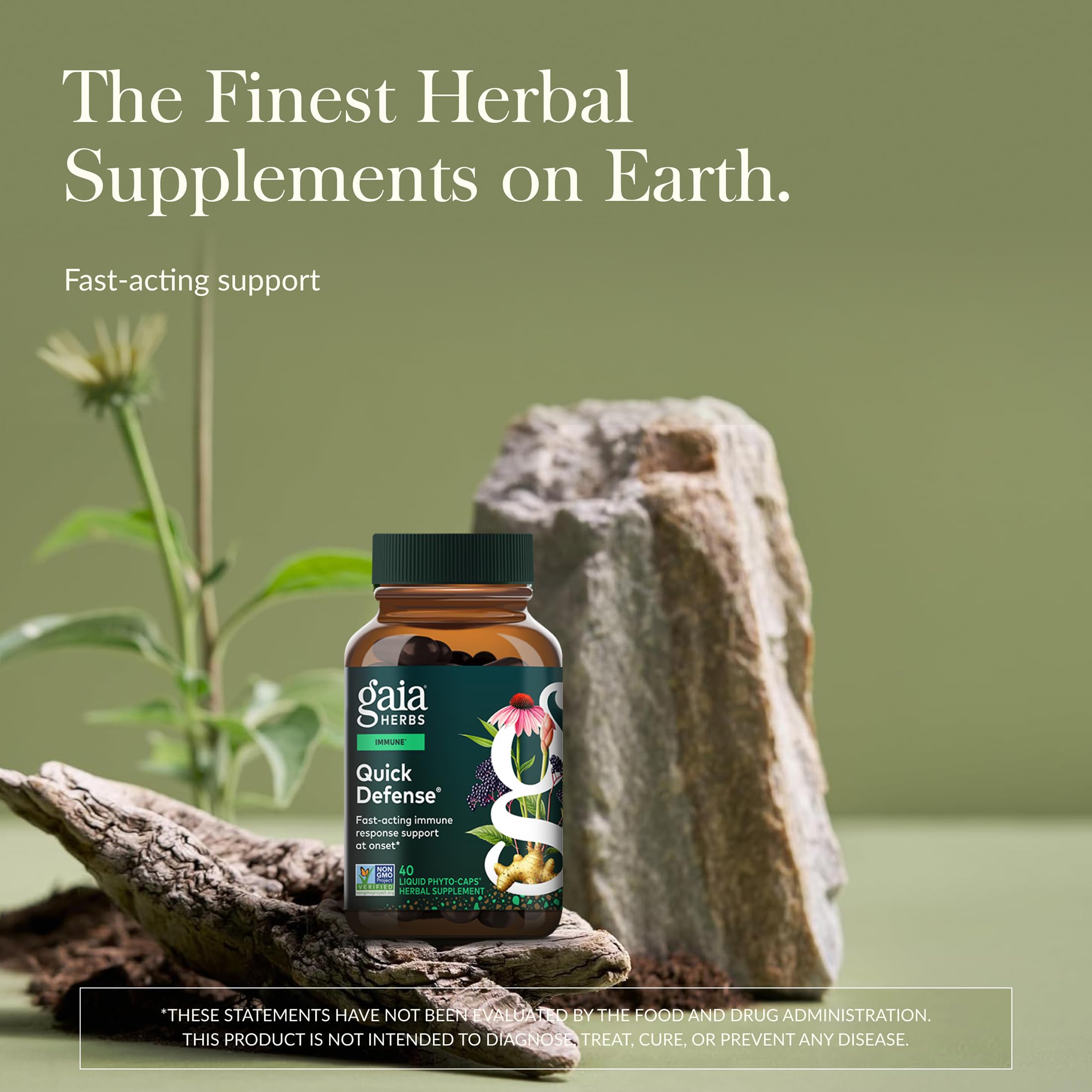Gaia Herbs Quick Defense bottle side with dosage and easy daily routine note.