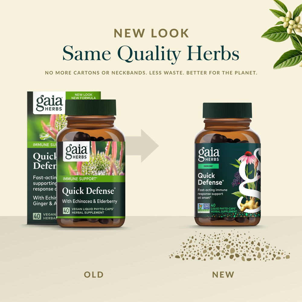 Gaia Herbs Quick Defense ginger root close-up with warm herbal note.