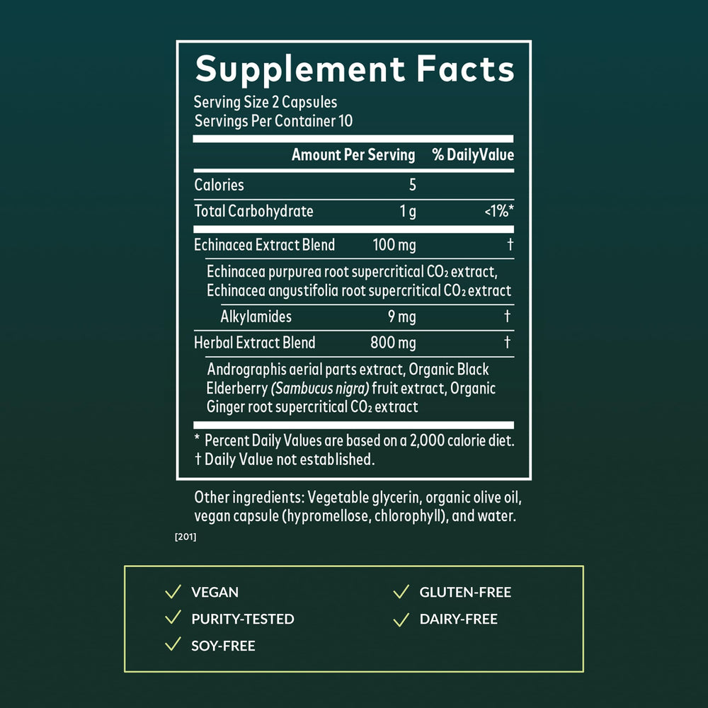 Gaia Herbs Quick Defense echinacea image emphasizes premium extract for immune support.