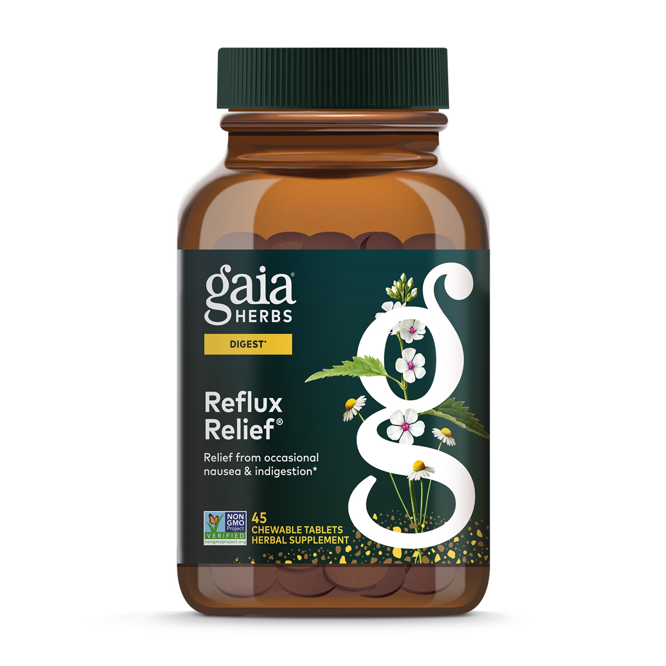 Gaia Herbs Reflux Relief bottle front illustrating herbal blend for occasional heartburn support