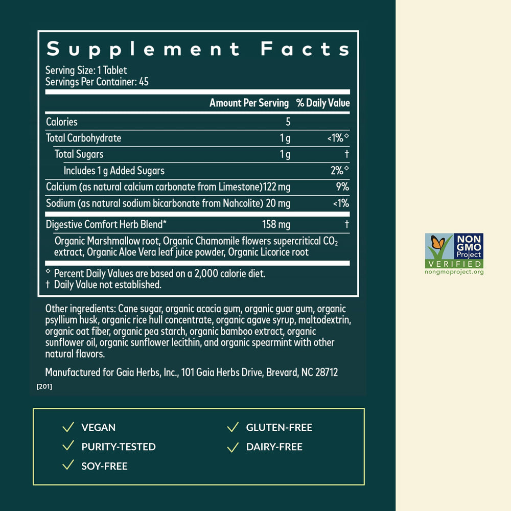 Gaia Herbs Reflux Relief ingredients label highlights aloe vera and chamomile