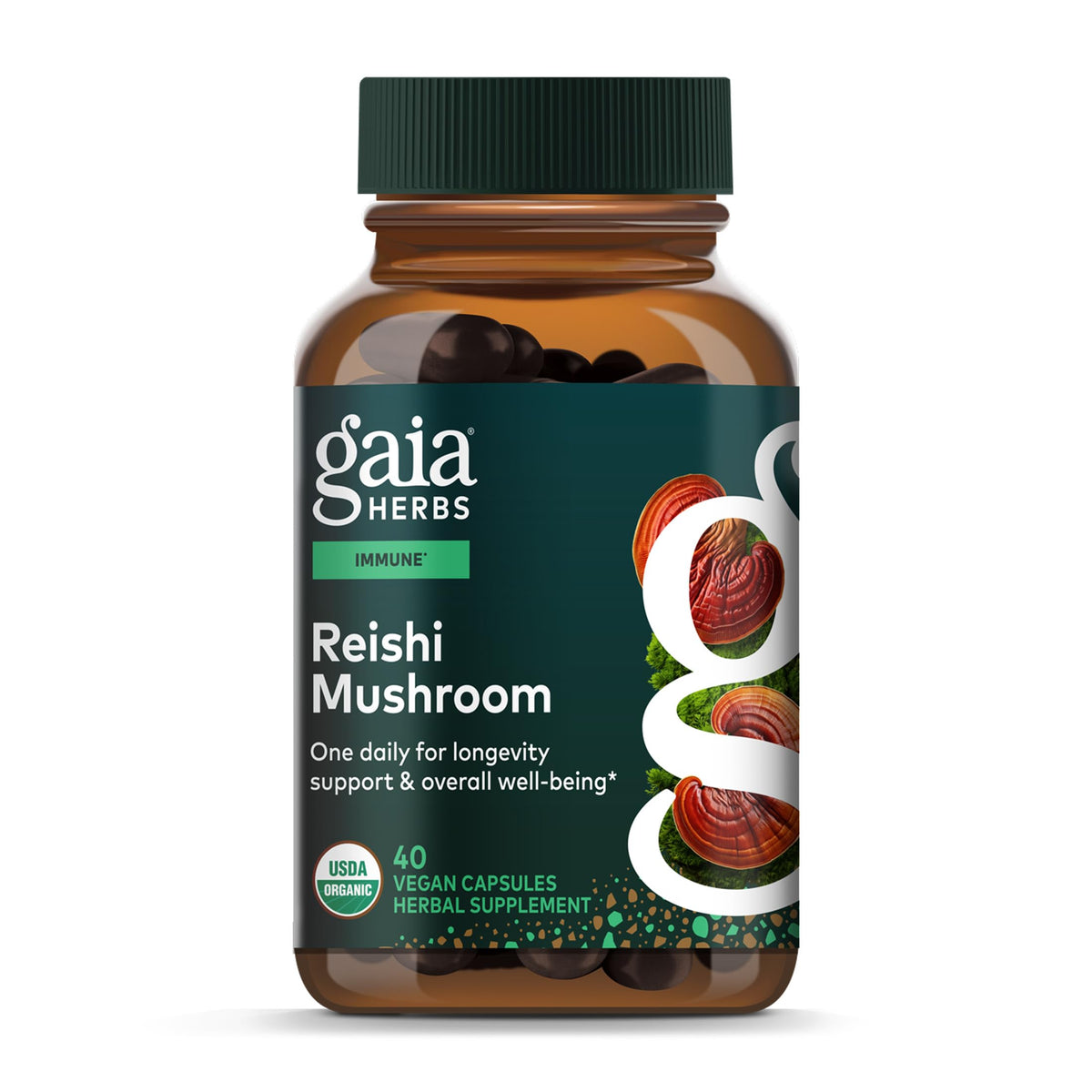 Gaia Herbs Reishi bottle with capsules for immune support in daily wellness.