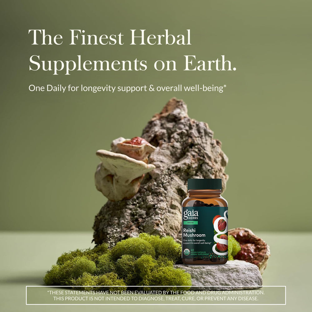 Gaia Herbs Reishi capsules closeup for vegan wellness support.