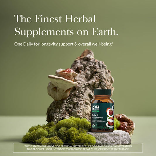 Gaia Herbs Reishi capsules closeup for vegan wellness support.