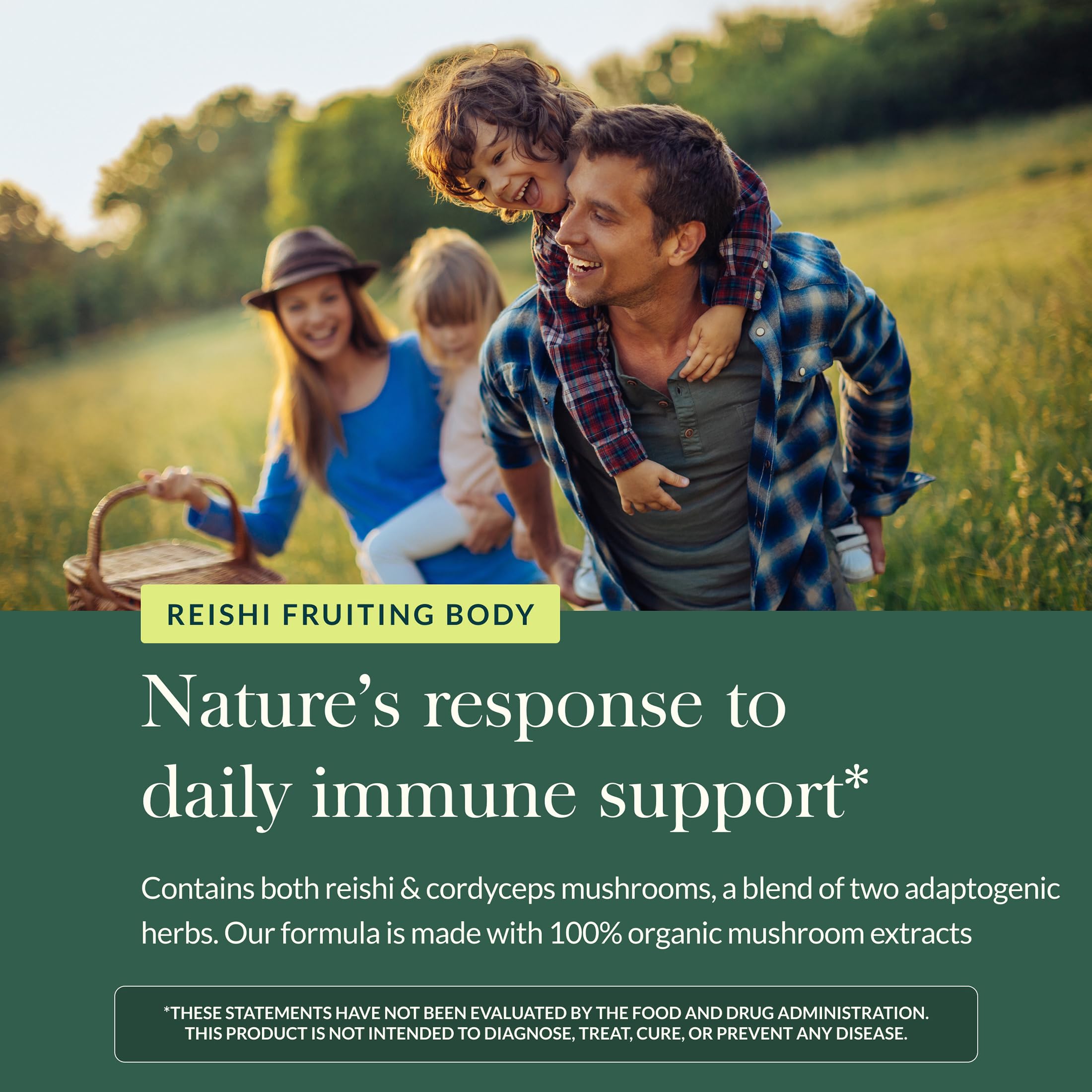 Gaia Herbs Reishi Cordyceps bottle illustrating mushroom synergy for immune support.