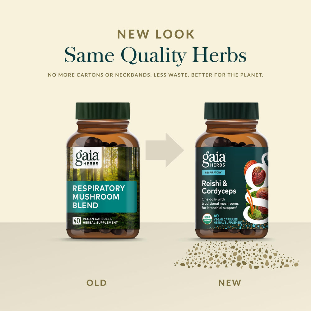 Gaia Herbs Reishi Cordyceps capsules shown for routine immune support.