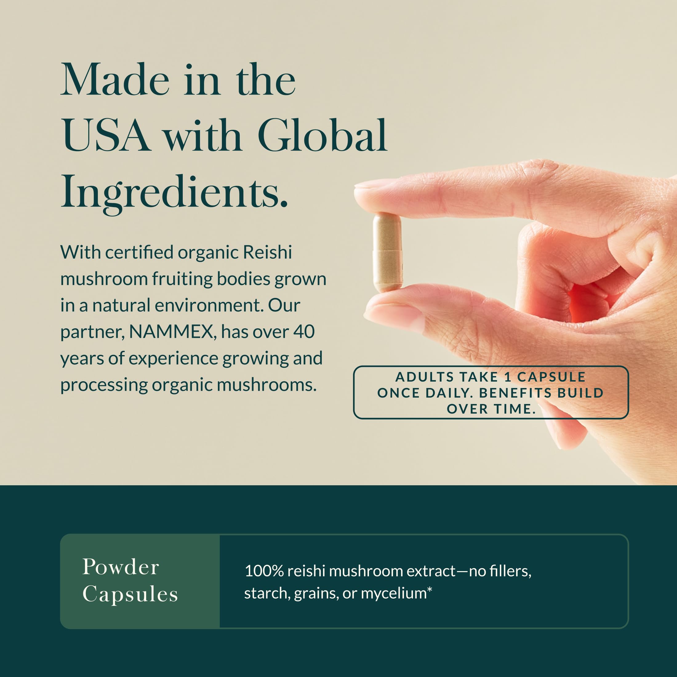 Gaia Herbs Reishi label detail shows gluten-free and soy-free quality.