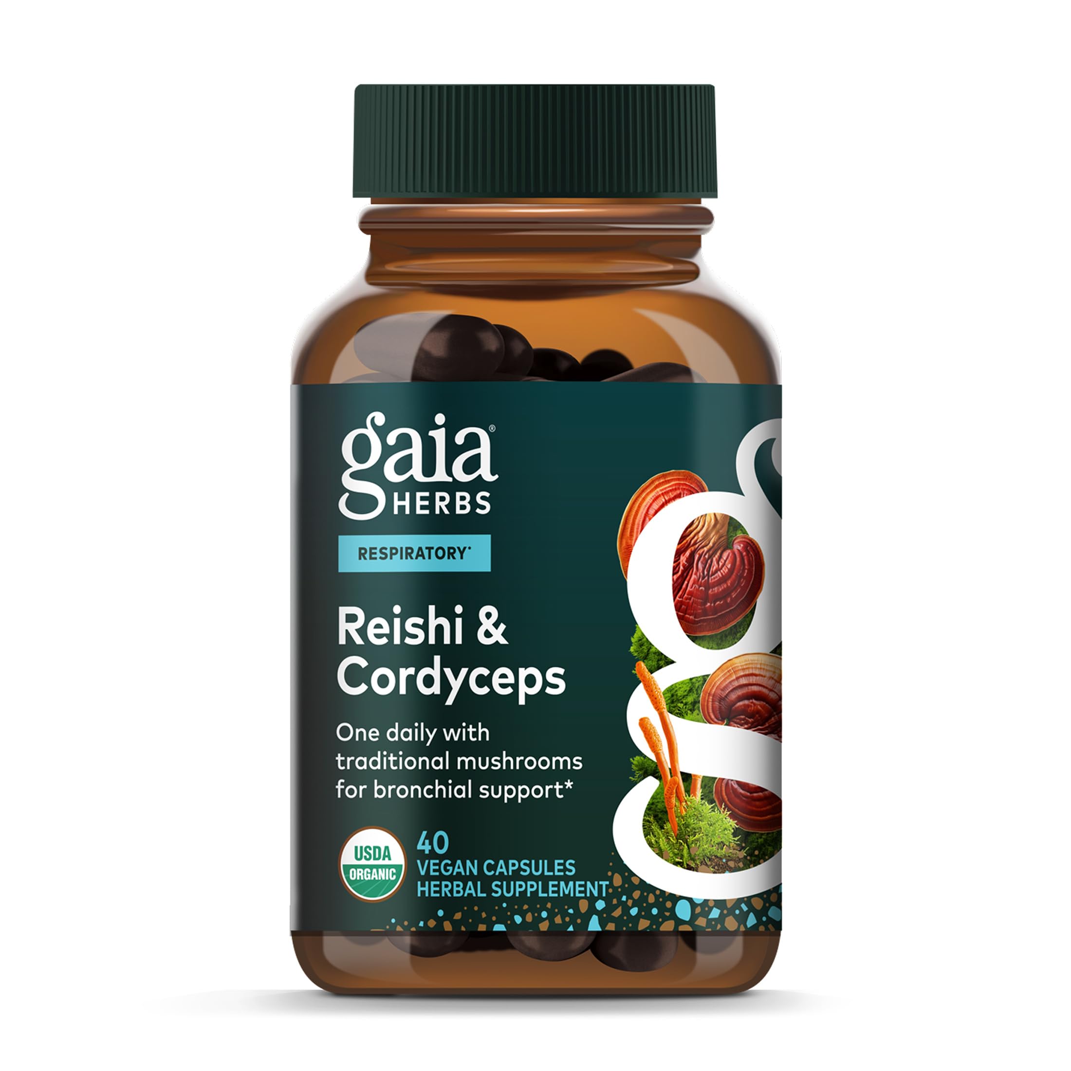 Gaia Herbs Respiratory Mushroom Blend bottle with capsules for daily immune support.