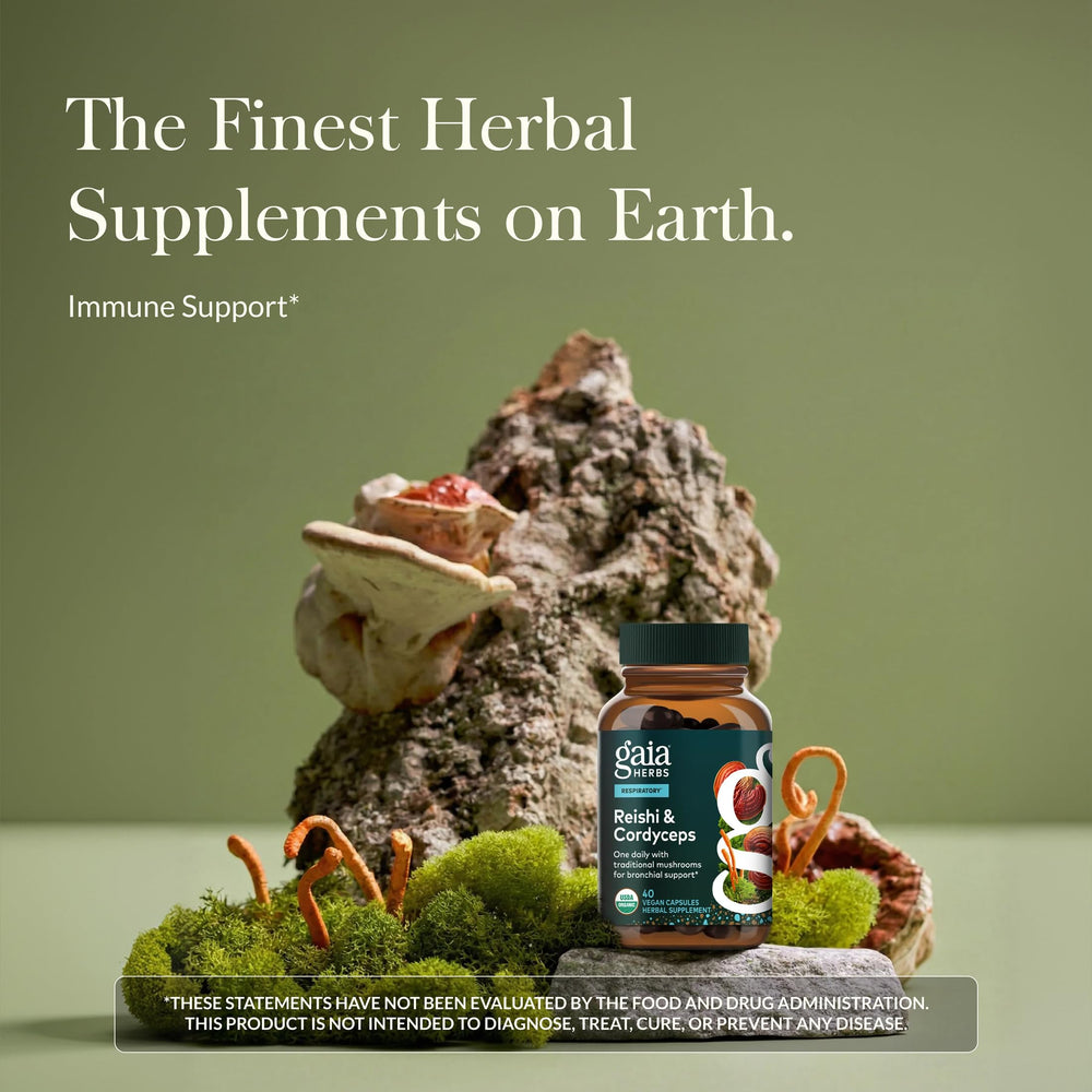 Gaia Herbs Respiratory Mushroom Blend capsules for daily immune support.