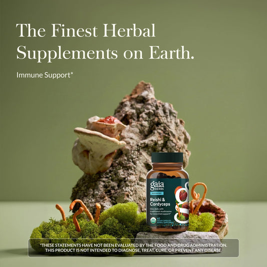 Gaia Herbs Respiratory Mushroom Blend capsules for daily immune support.