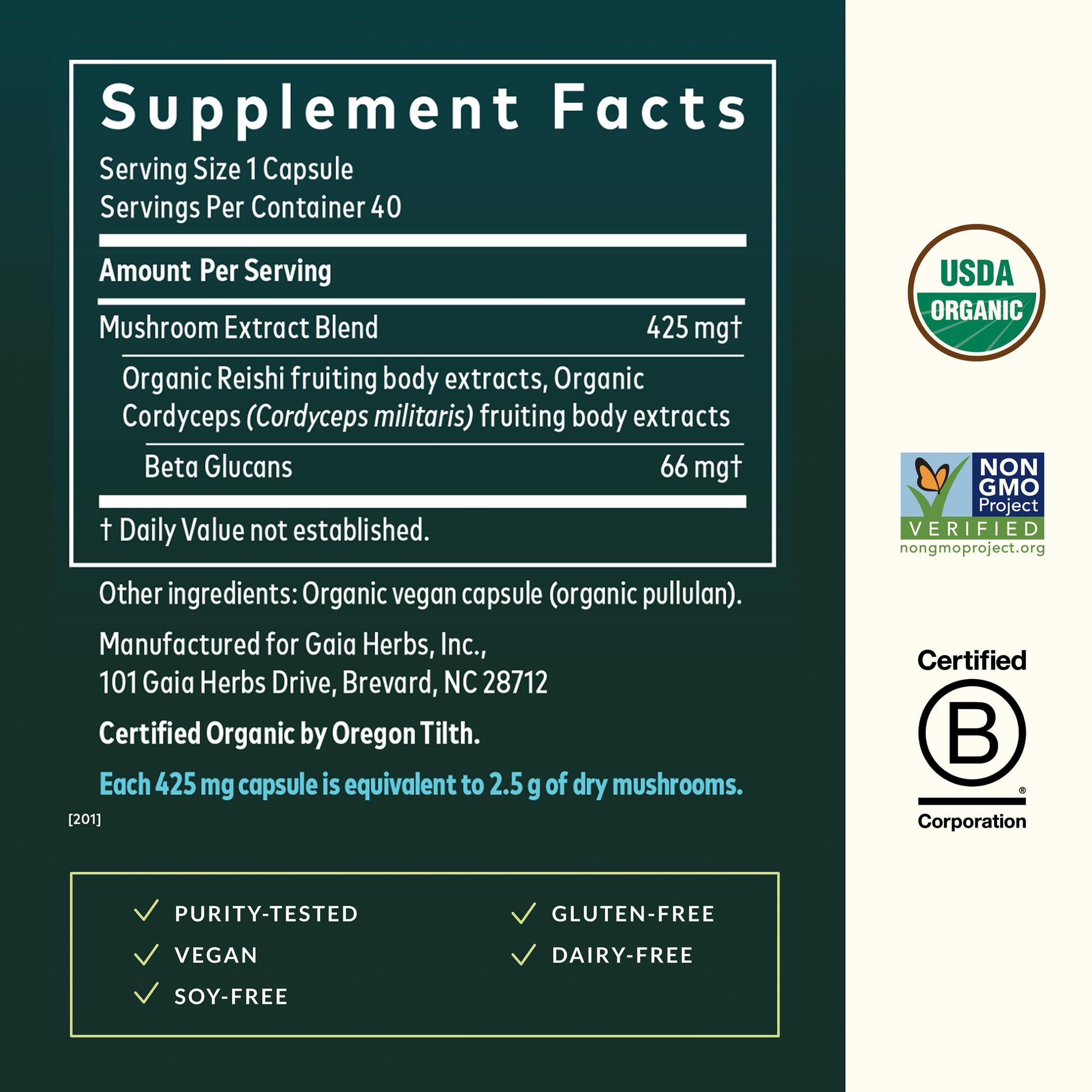 Gaia Herbs Respiratory Mushroom Blend label detail highlighting quality and ingredients.