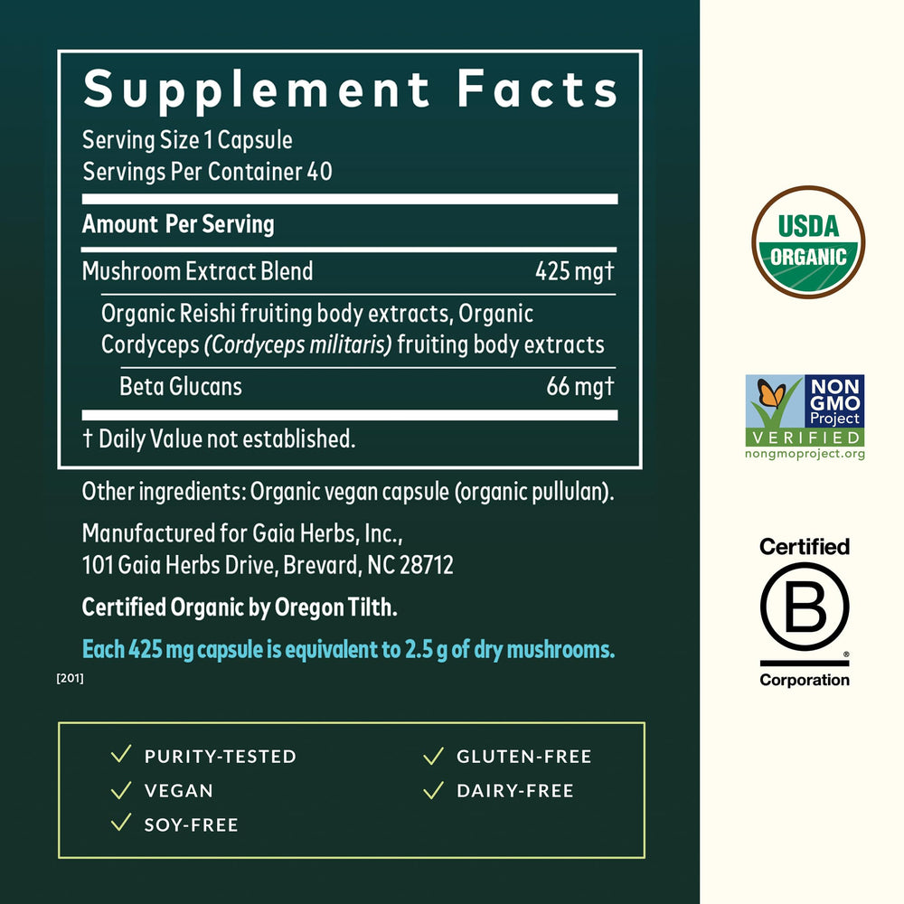 Gaia Herbs Respiratory Mushroom Blend label detail highlighting quality and ingredients.