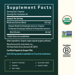 Gaia Herbs Respiratory Mushroom Blend label detail highlighting quality and ingredients.
