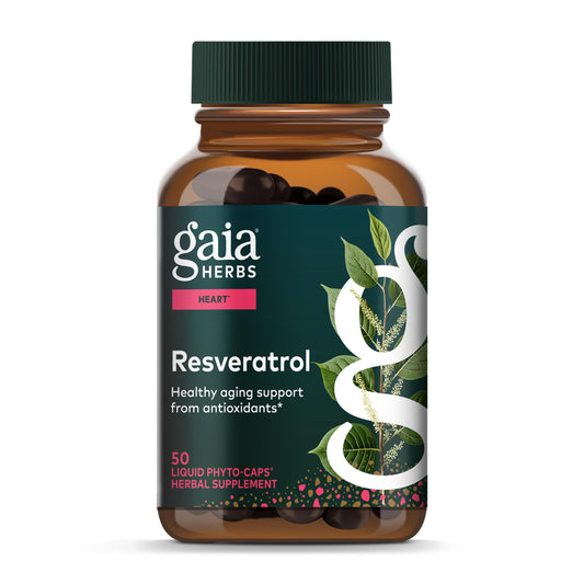 Gaia Herbs Resveratrol bottle front view highlighting antioxidant support