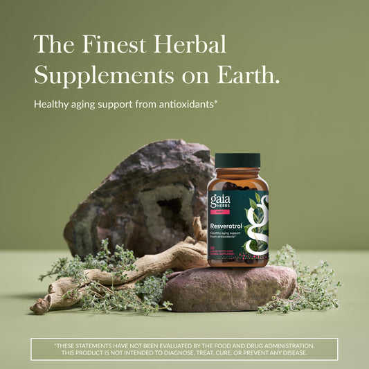 Gaia Herbs Resveratrol bottle pour showing easy daily capsules