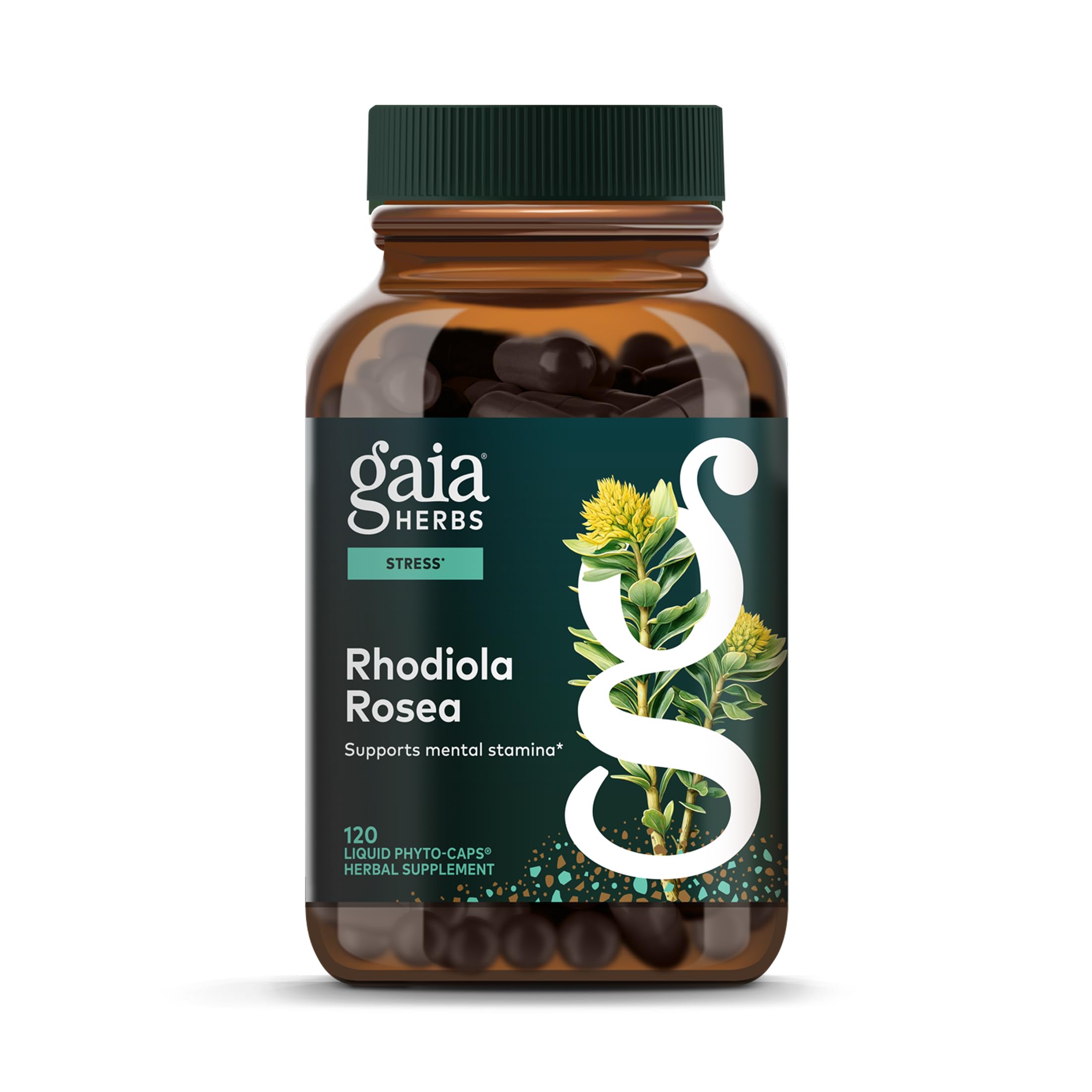 Gaia Herbs Rhodiola Rosea bottle label promoting stress support.