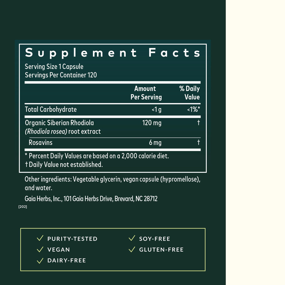 Gaia Herbs Rhodiola Rosea box and bottle highlighting sustainable sourcing and quality.