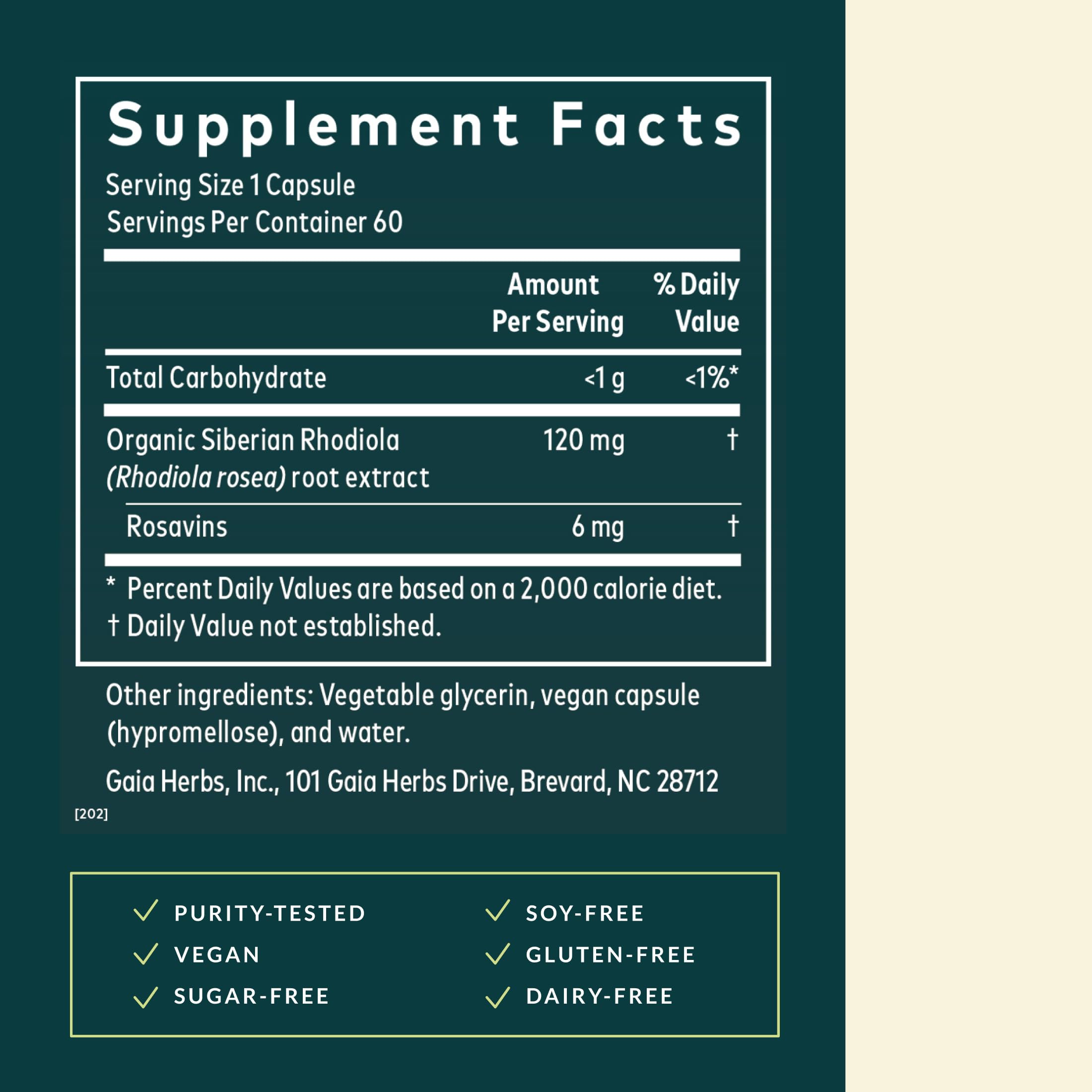 Gaia Herbs Rhodiola Rosea capsules reveal vegan liquid phyto-caps format.
