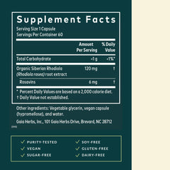 Gaia Herbs Rhodiola Rosea capsules reveal vegan liquid phyto-caps format.